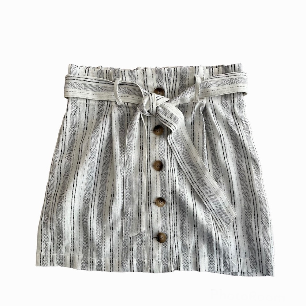 TopShop Linen Mini Skirt Tan black stripes Linen viscose Paperbag waist SMALL